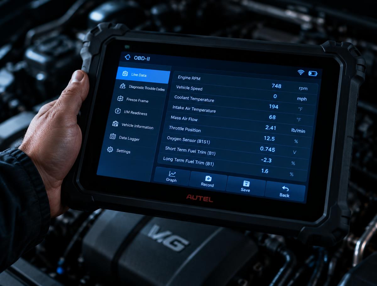 Scanner automotivo exibindo dados do motor durante diagnóstico eletrônico